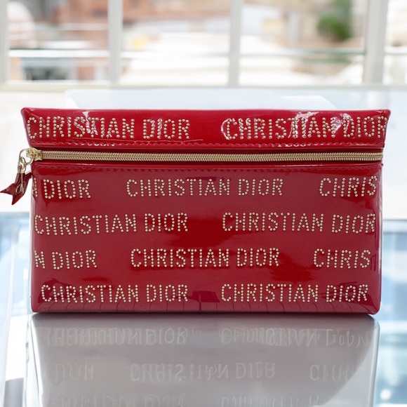 Christian Dior Red Patent Mini Clutch Studded Logo Zipper Cosmetic bag - Picture 1 of 15